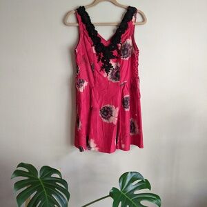 Anthro Red Floral Mini Dress with Black Lace and Corset Details